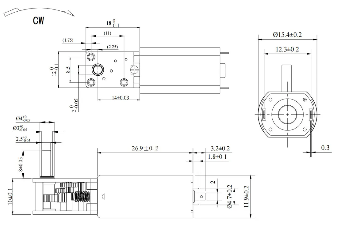 16mm 6VDC 蜗轮蜗杆电机20000RPM GM1812-050外形尺寸图